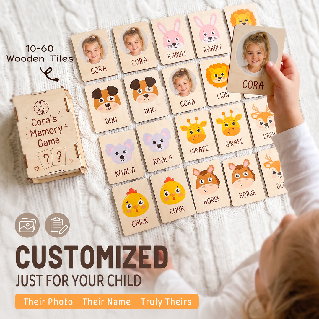 Personalised Wooden Animal Memory Matching Game for Kids