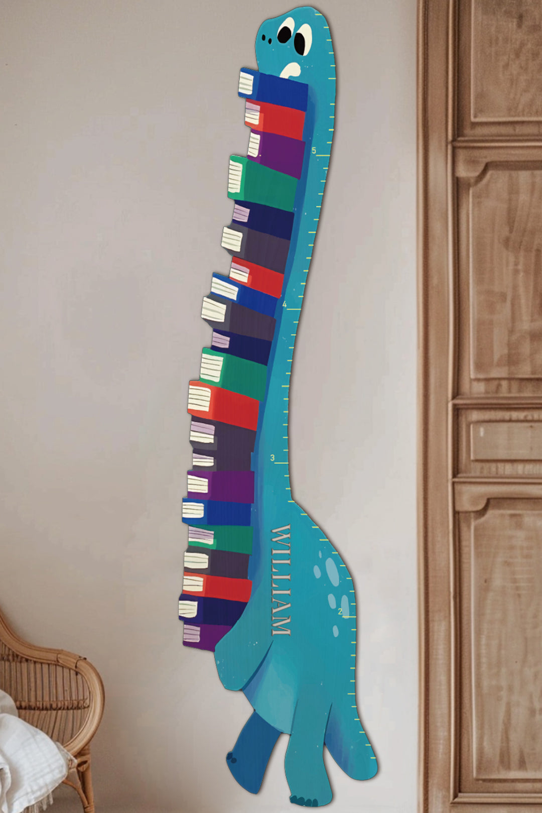 Personalized Wooden Book-Loving Dinosaur Growth Chart Ruler