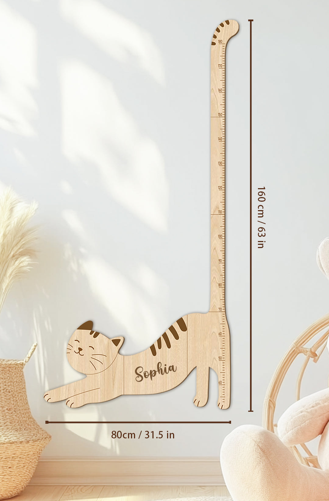 Personalised Wooden Cat Growth Chart for Kids Nursery Decor
