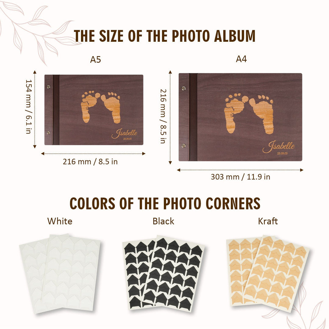 Personalised Baby Photo Album with Name & Birth Date – Wooden Footprint Design