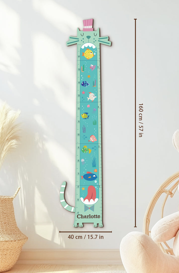 Personalised Wooden Ocean Cat Growth Chart for Kids