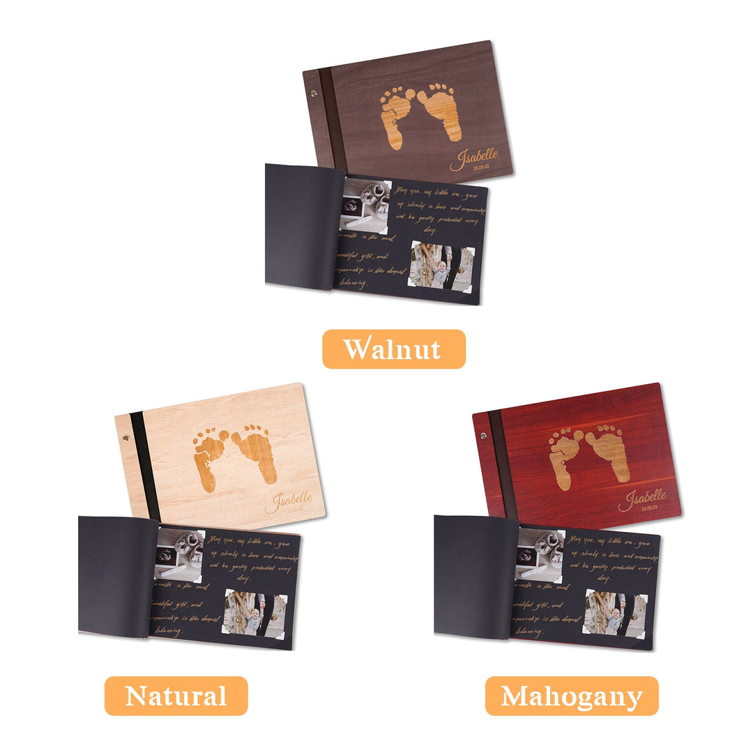 Personalised Baby Photo Album with Name & Birth Date – Wooden Footprint Design