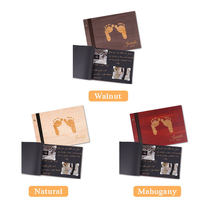 Personalised Baby Photo Album with Name & Birth Date – Wooden Footprint Design