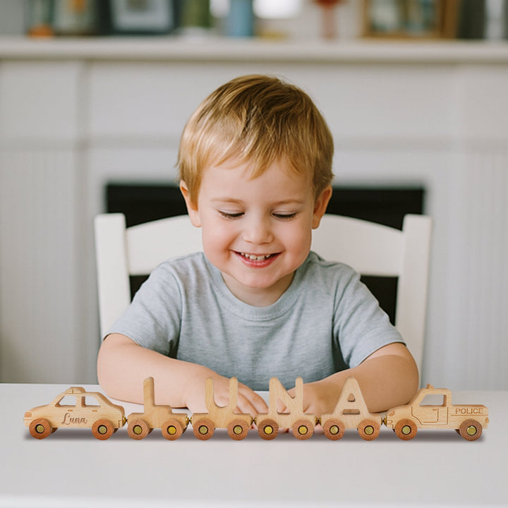 Personalised Wooden Police Car Train Set With Name