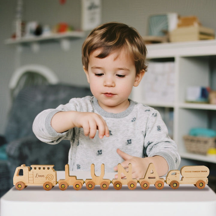 Personalised Wooden Fire Truck Train Set With Name