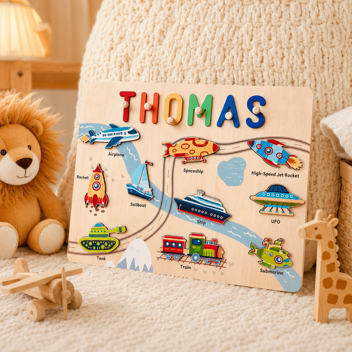 Personalised Wooden Name Puzzle - Vehicle Learning Toy for Toddlers