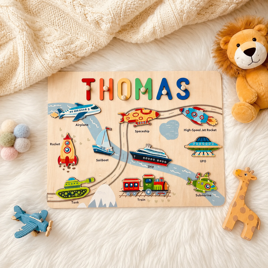 Personalised Wooden Name Puzzle - Vehicle Learning Toy for Toddlers