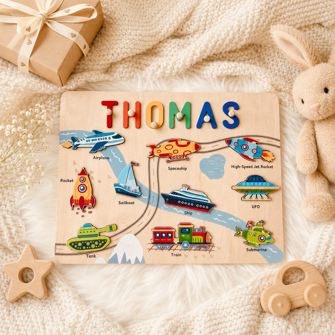 Personalised Wooden Name Puzzle - Vehicle Learning Toy for Toddlers