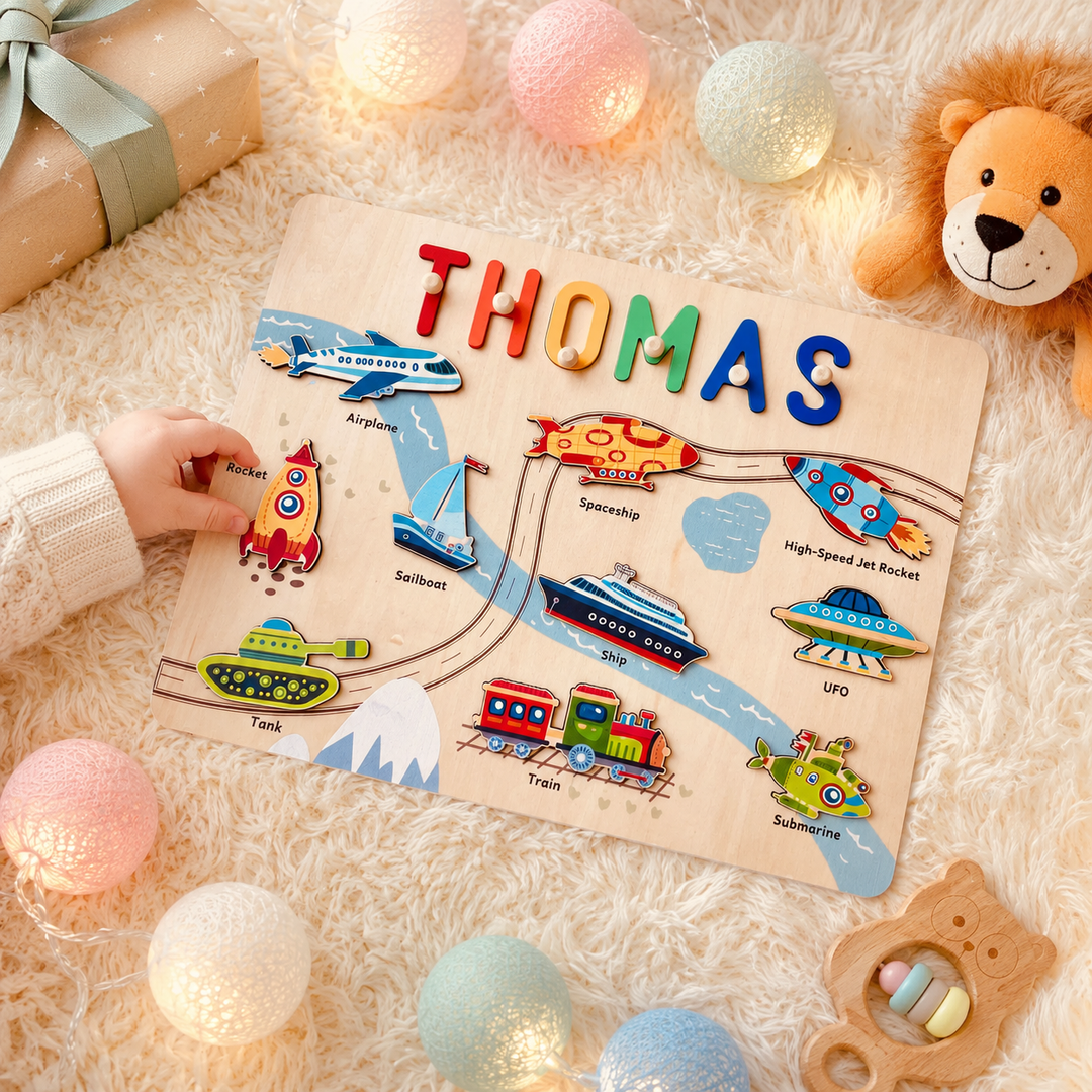 Personalised Wooden Name Puzzle - Vehicle Learning Toy for Toddlers