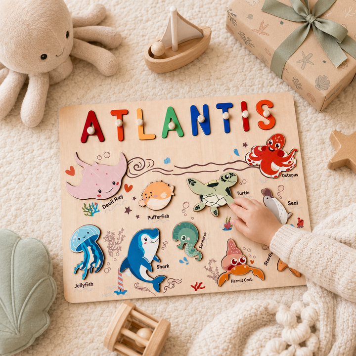 Personalised Wooden Name Puzzle - Ocean Animal Toy for Toddlers