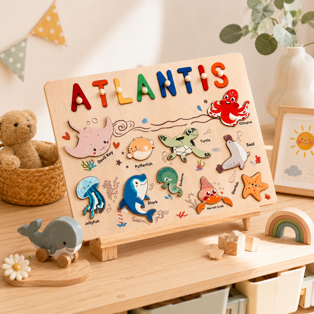 Personalised Wooden Name Puzzle - Ocean Animal Toy for Toddlers