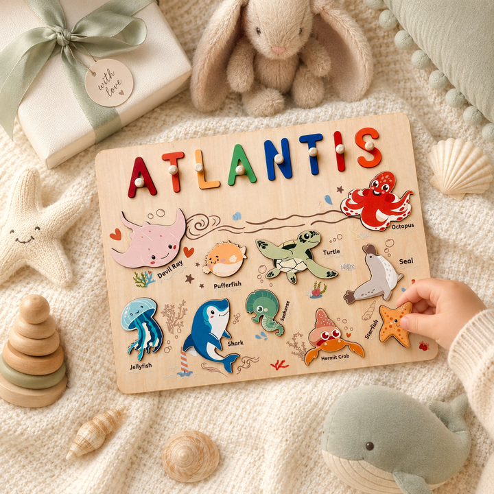 Personalised Wooden Name Puzzle - Ocean Animal Toy for Toddlers