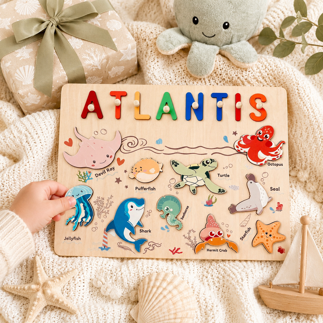 Personalised Wooden Name Puzzle - Ocean Animal Toy for Toddlers