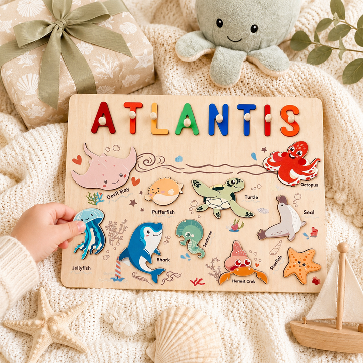 Personalised Wooden Name Puzzle - Ocean Animal Toy for Toddlers
