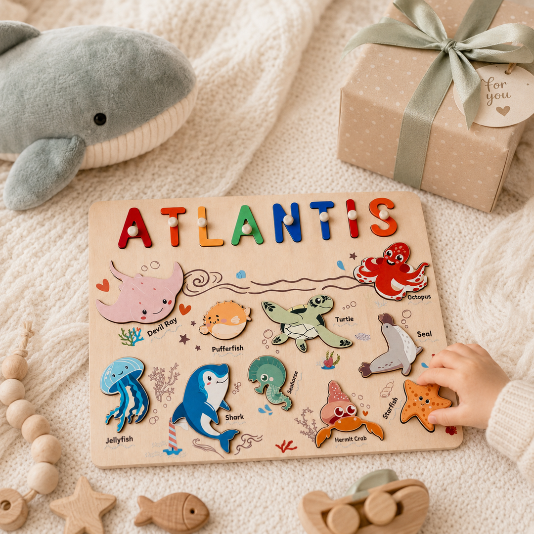 Personalised Wooden Name Puzzle - Ocean Animal Toy for Toddlers