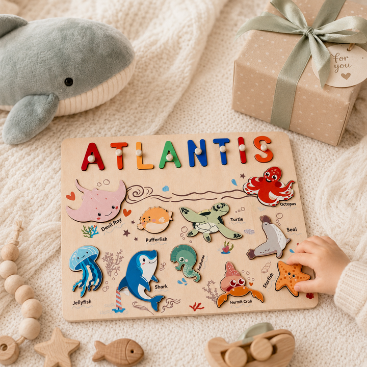 Personalised Wooden Name Puzzle - Ocean Animal Toy for Toddlers