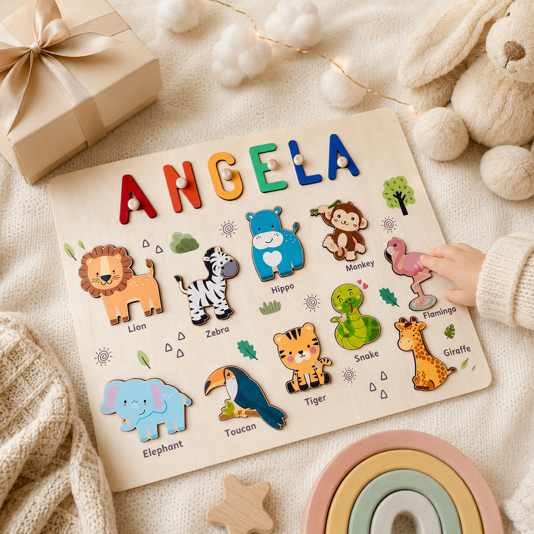 Personalised Wooden Name Puzzle - Safari Animal Learning Toy for Toddlers