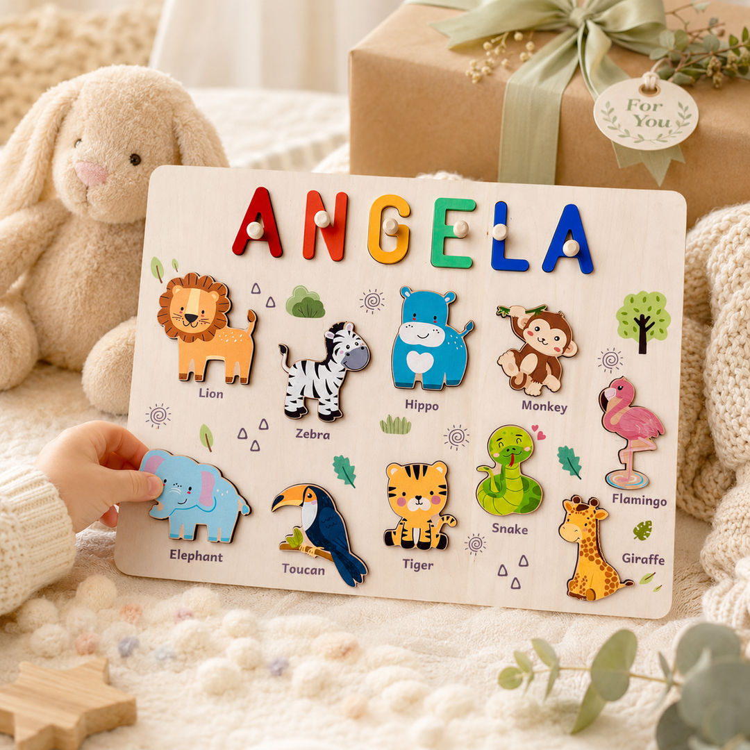 Personalised Wooden Name Puzzle - Safari Animal Learning Toy for Toddlers