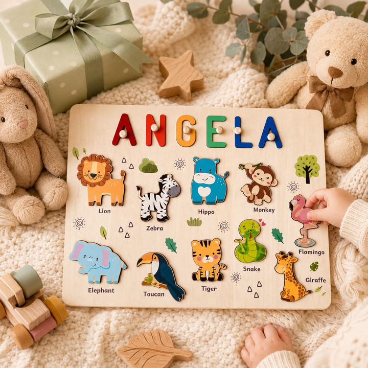 Personalised Wooden Name Puzzle - Safari Animal Learning Toy for Toddlers