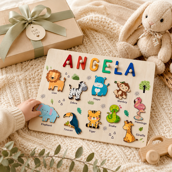 Personalised Wooden Name Puzzle - Safari Animal Learning Toy for Toddlers