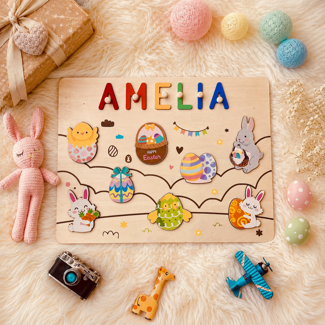 Personalised Wooden Name Puzzle - Easter Bunny & Egg Toy