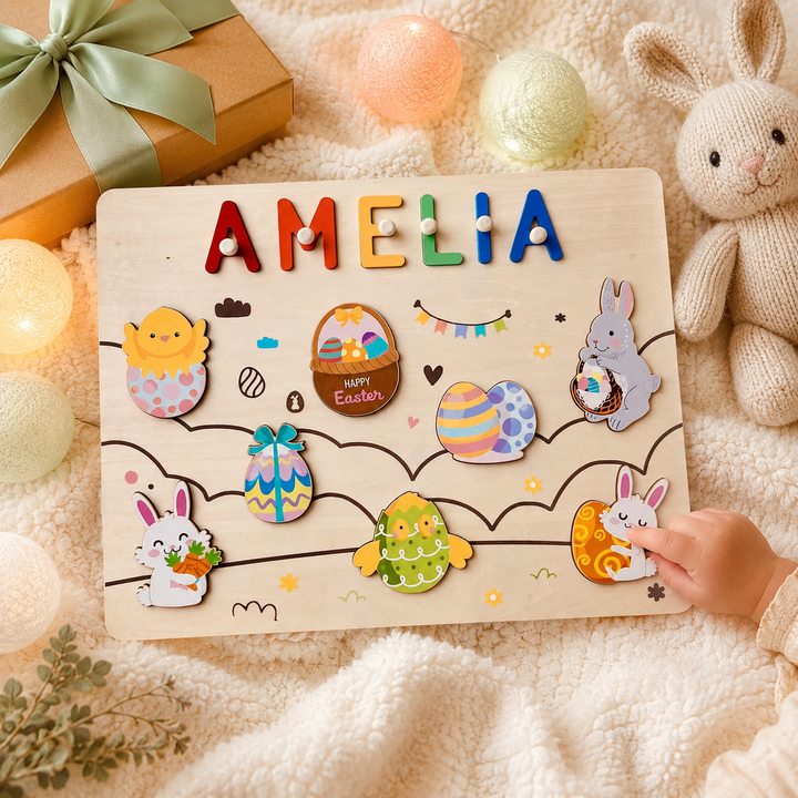 Personalised Wooden Name Puzzle - Easter Bunny & Egg Toy