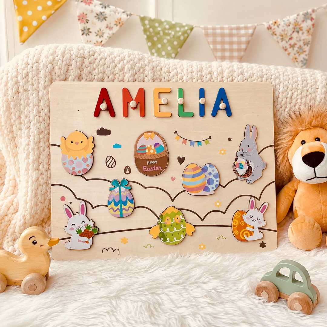 Personalised Wooden Name Puzzle - Easter Bunny & Egg Toy