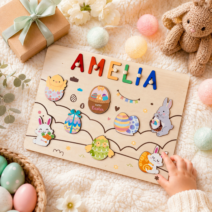 Personalised Wooden Name Puzzle - Easter Bunny & Egg Toy