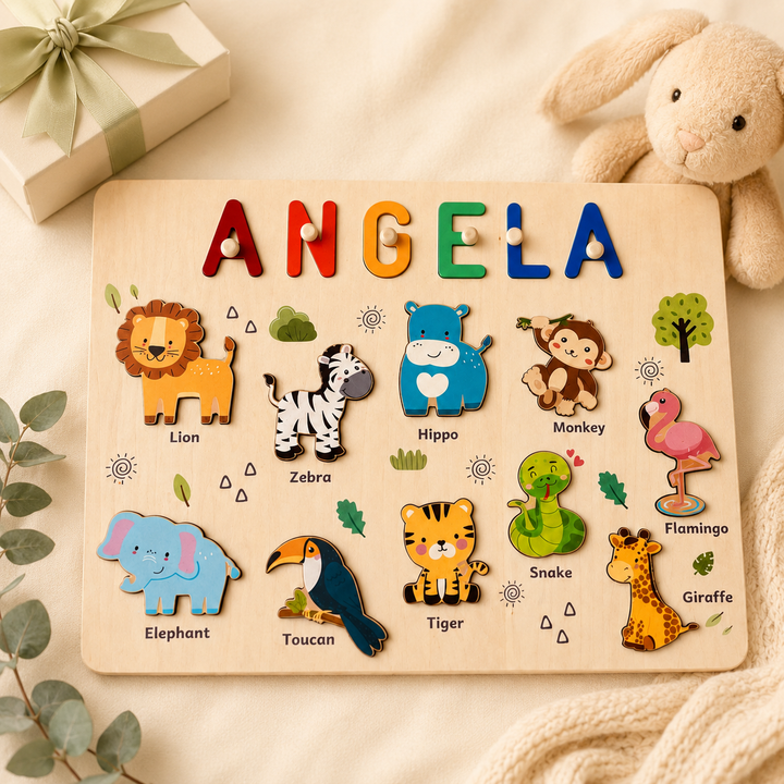 Personalised Wooden Name Puzzle - Safari Animal Learning Toy for Toddlers