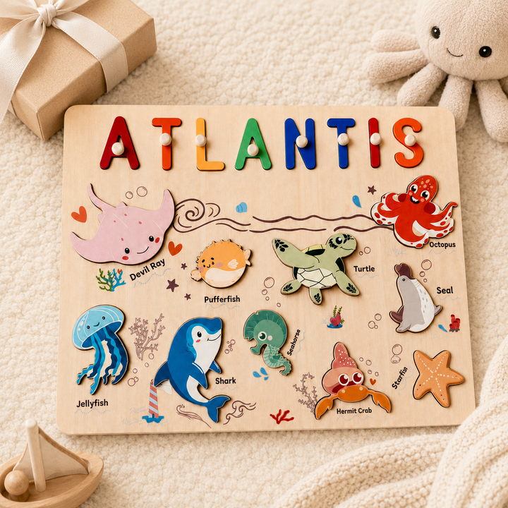 Personalised Wooden Name Puzzle - Ocean Animal Toy for Toddlers