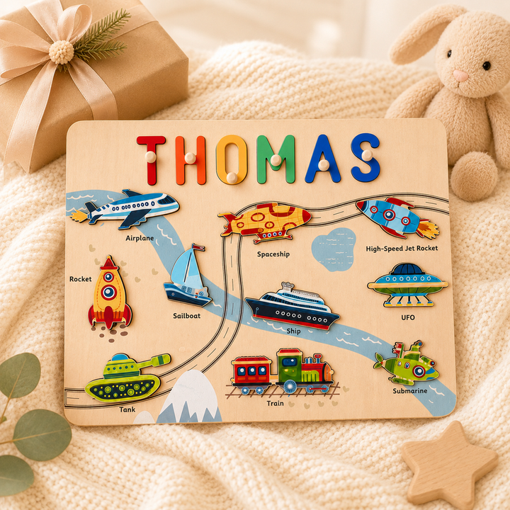 Personalised Wooden Name Puzzle - Vehicle Learning Toy for Toddlers