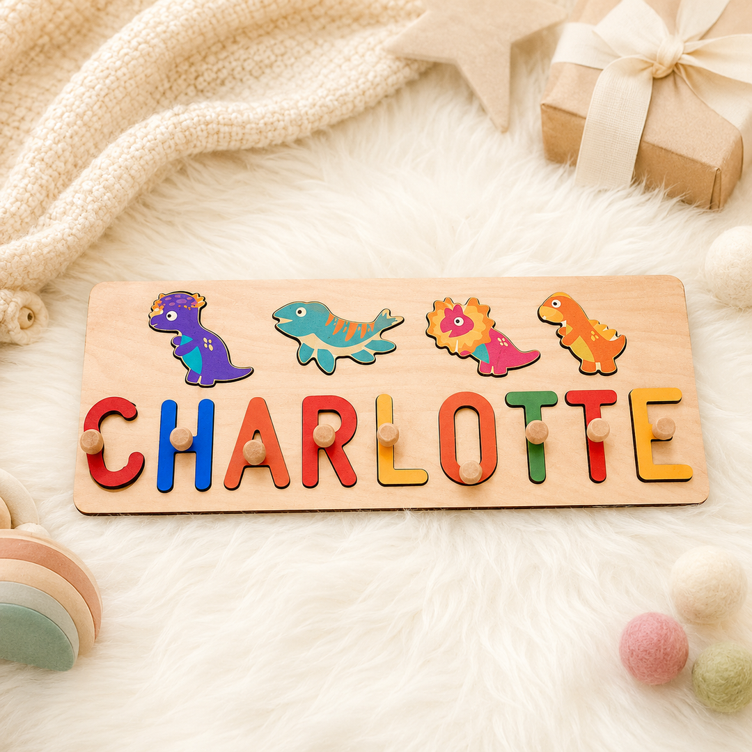 Personalised Wooden Baby Name Puzzle - Dinosaurs