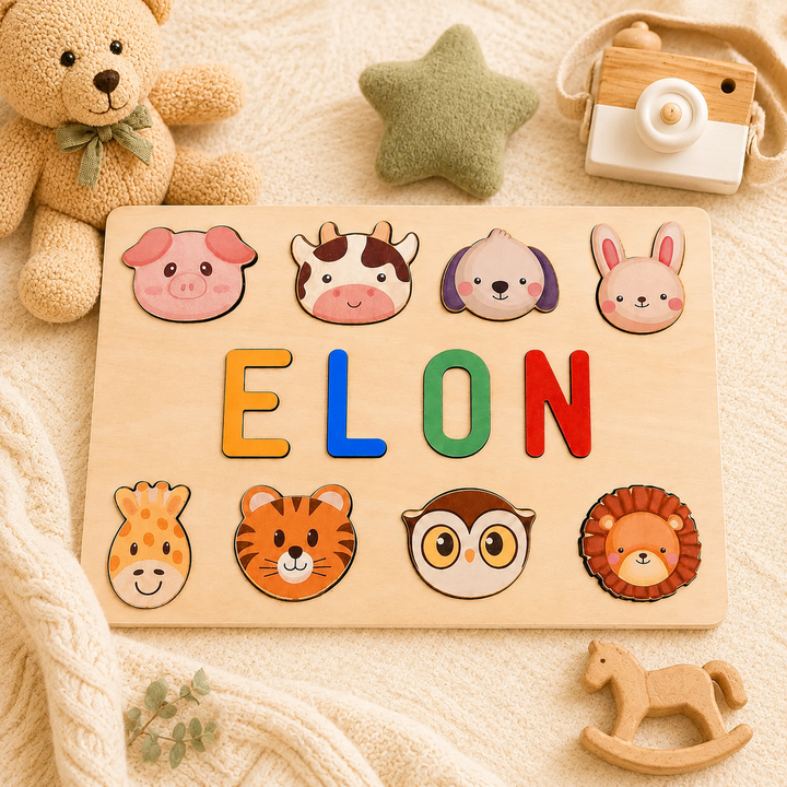 Personalised Wooden Baby Name Puzzle with Animals
