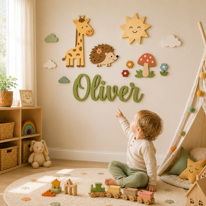 Personalised Wooden Nursery Name Sign – Custom Kids Room Wall Decor
