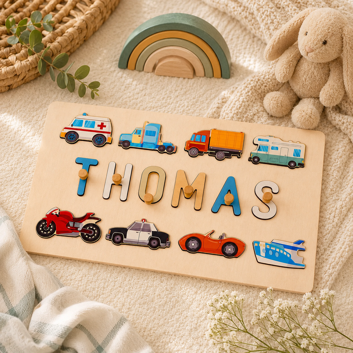 Personalised Wooden Baby Name Puzzle - Traffic