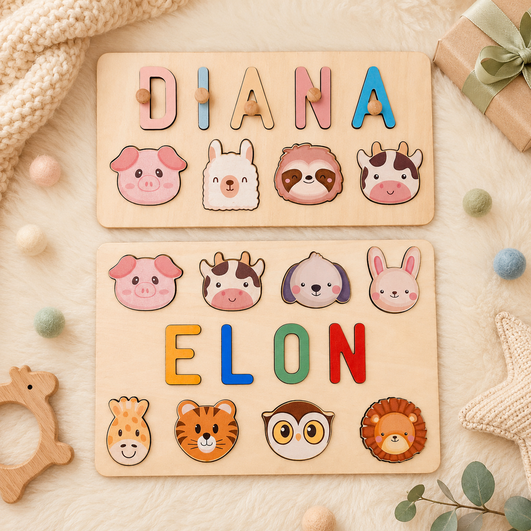 Personalised Wooden Baby Name Puzzle with Animals