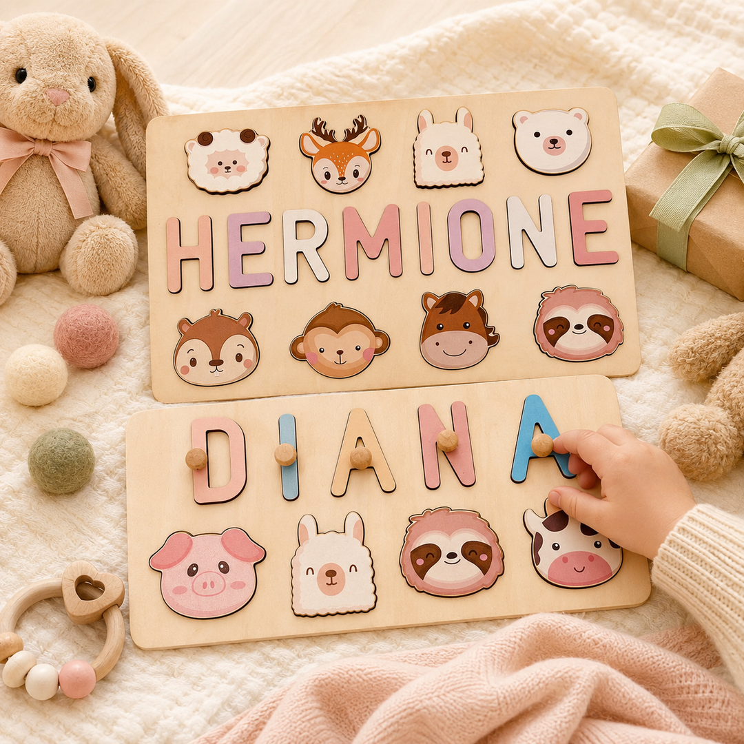 Personalised Wooden Baby Name Puzzle with Animals