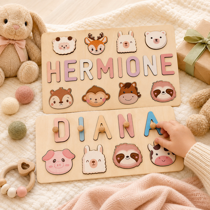 Personalised Wooden Baby Name Puzzle with Animals