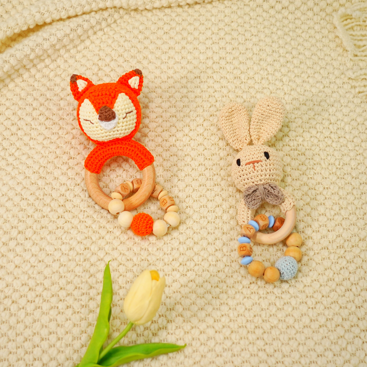 Baby Rattle Fox Toy with Wooden Teeth Ring Bracelet Style