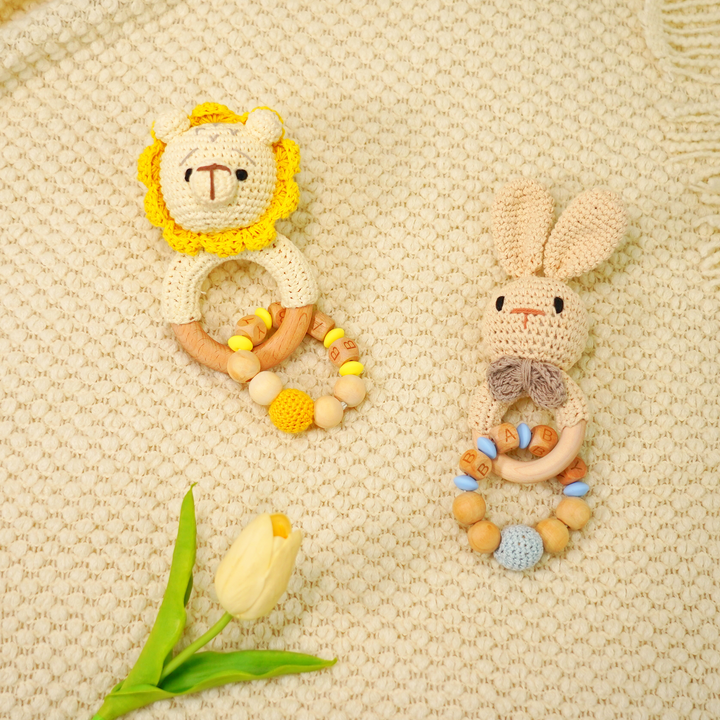 Baby Rattle Blue Rabbit Toy with Wooden Teeth Ring Bracelet Style