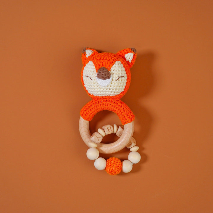 Baby Rattle Fox Toy with Wooden Teeth Ring Bracelet Style